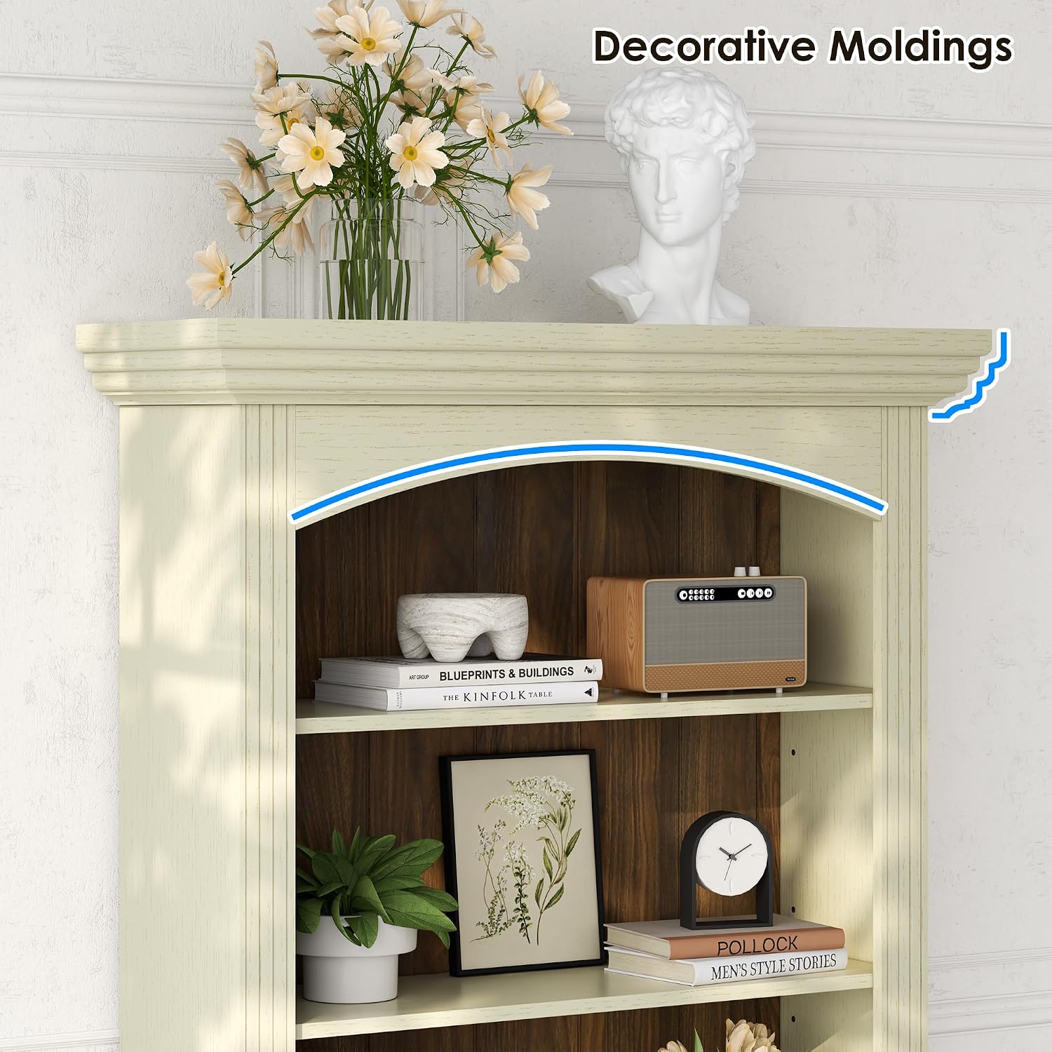 Gyfimoie 71’’ Tall Arched Bookcase with Stroage, Farmhouse 5-Tier Arch Bookshelf with Drawers, Freestanding Book Shelf with Adjustable Shelf and Roman Column Pattern for Home Office (1, White)