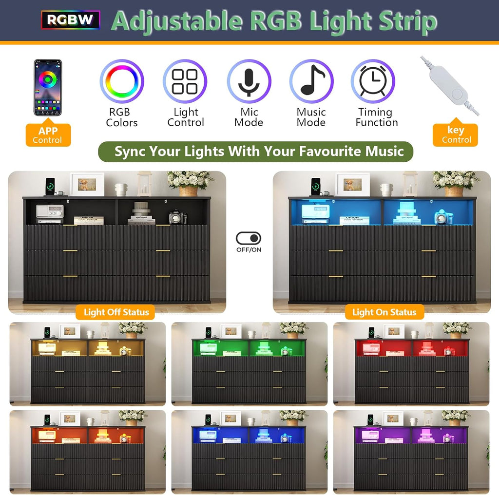 Fluted 6-Drawer Dresser for bedroom w/LED Light & Power Outlet, Black