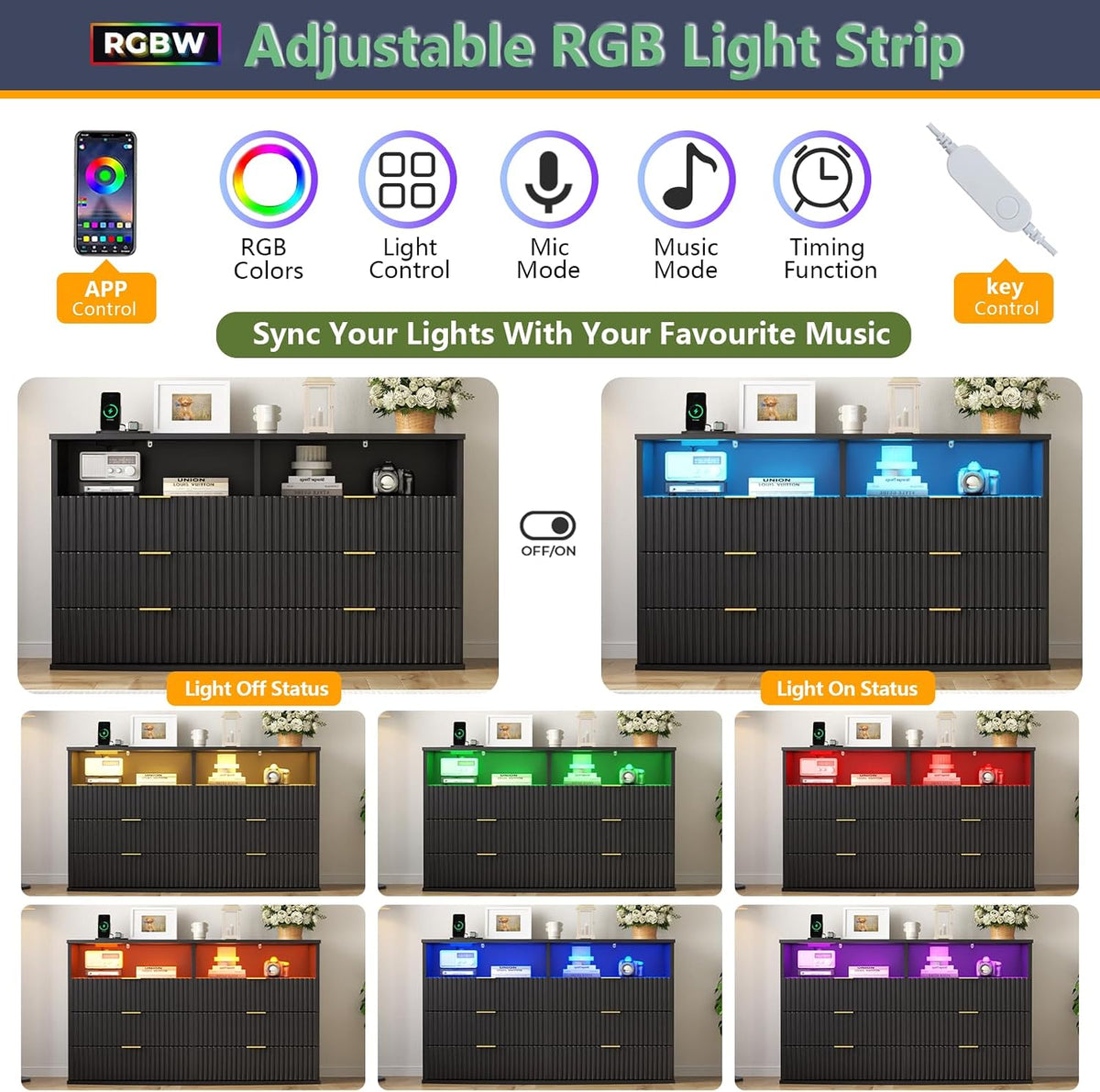 Fluted 6-Drawer Dresser for bedroom w/LED Light & Power Outlet, Black