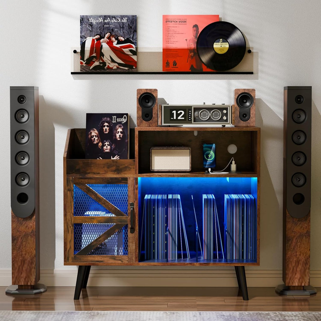 Large Rustic Record Player Stand with Magnetic Door,350 Vinyl Record Storage Cabinet, Record Player Table with Power Outlet and LED Light,Turntable Stand with Wood Legs for Living Room