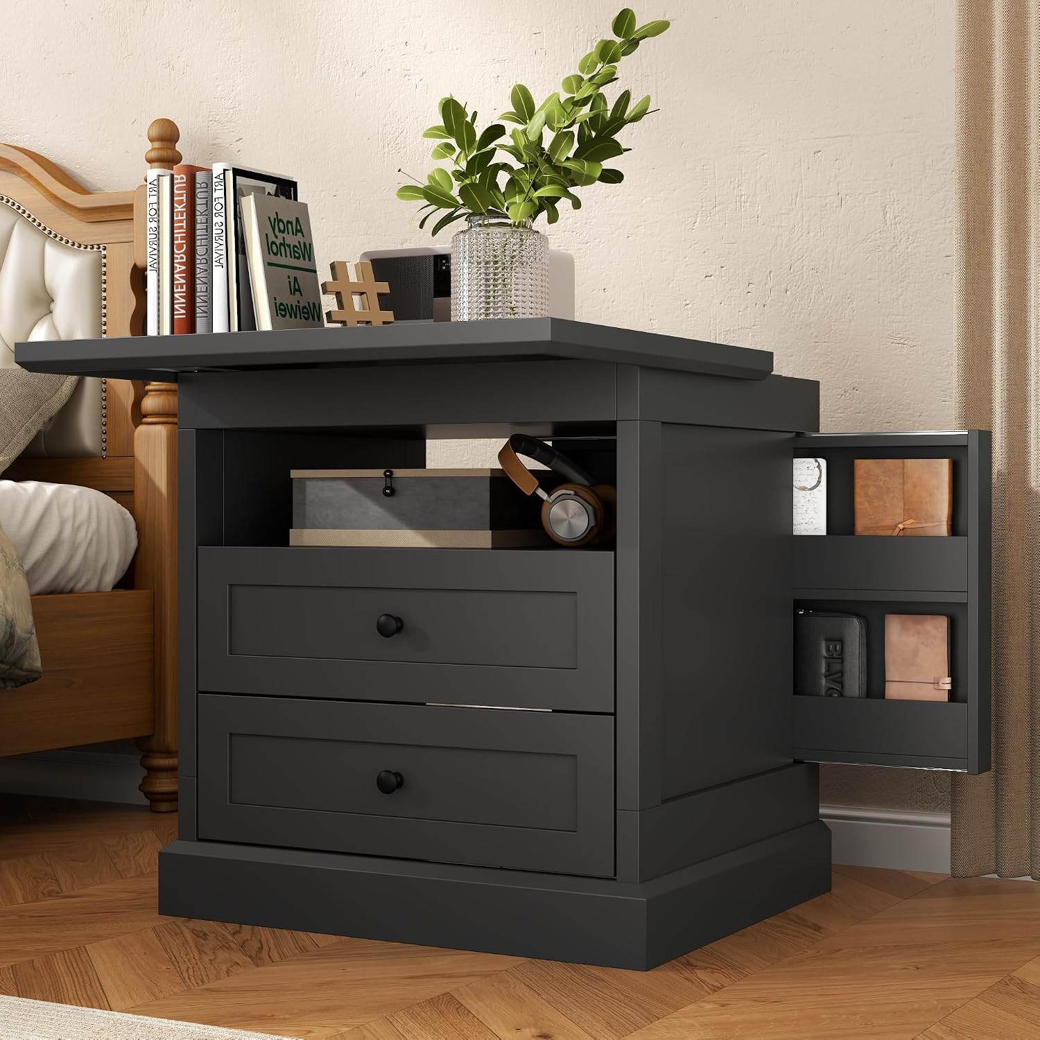 Gyfimoie Nightstand with Hidden Storage Space, Night Stand, End Table with Side Drawer, Bedside Table with Open Shelf, 2 Drawers Dresser for Bedroom, Living Room, Closet (Black)