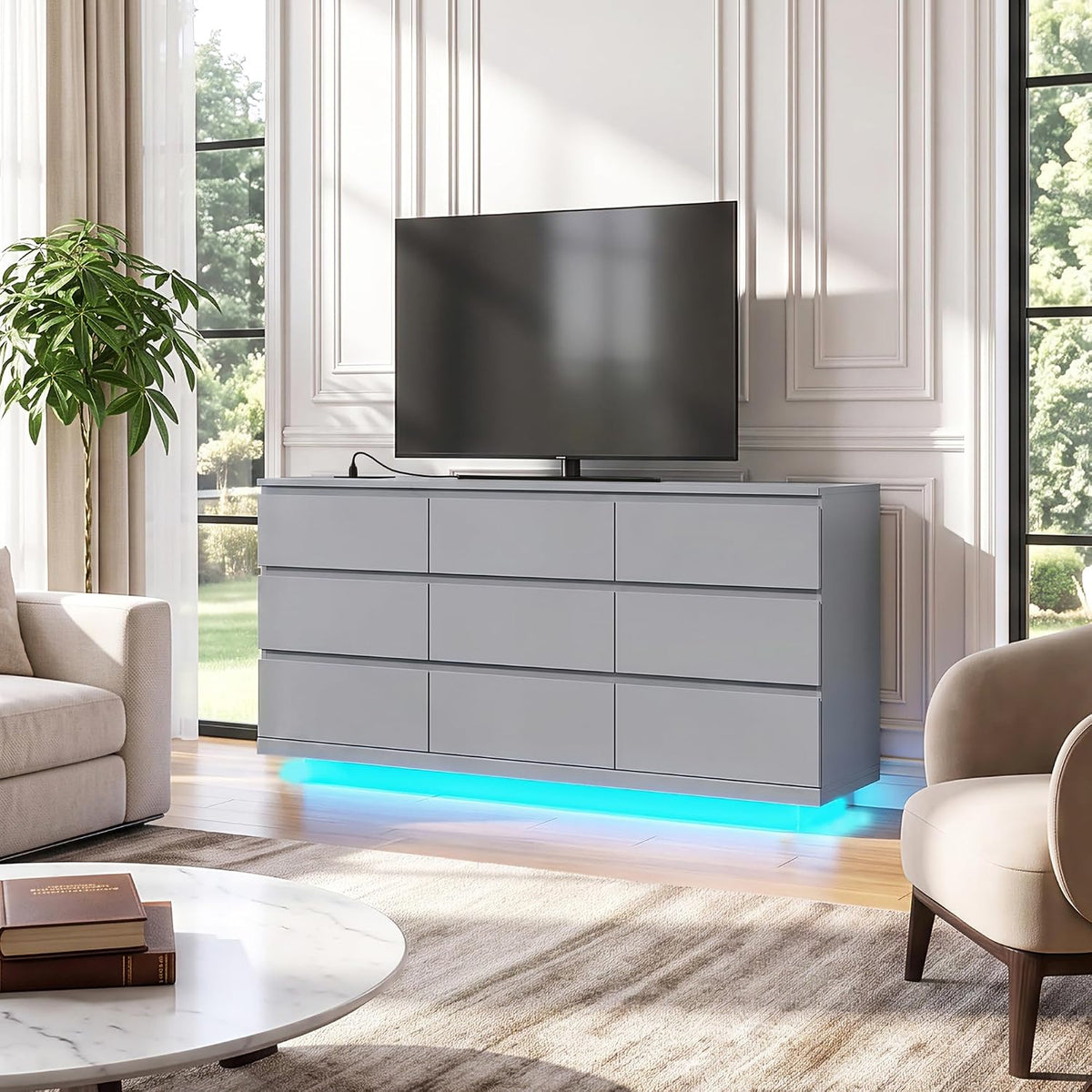 Gyfimoie 9 Drawer Dresser with Power Outlet, Floating White Dresser Chest of Drawer with LED Light,Modern Double Wide Drawer Organizer Cabinet for Bedroom,Living Room