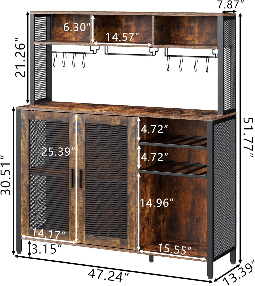Loomie Wine Bar Cabinet with LED Light, Industrial Coffee Bar with Wine Rack & Glass Holder & 3 Compartments, Kitchen Buffet Sideboard with Storage, Liquor Cabinet, Rustic Brown