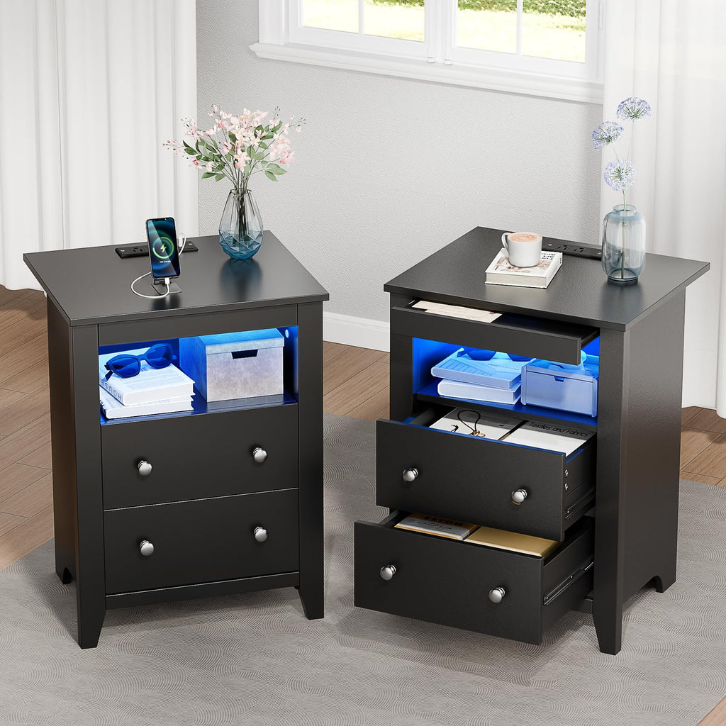 Nightstand w/Gun Drawer, Black Night Stand w/Charging Station & LED Lights