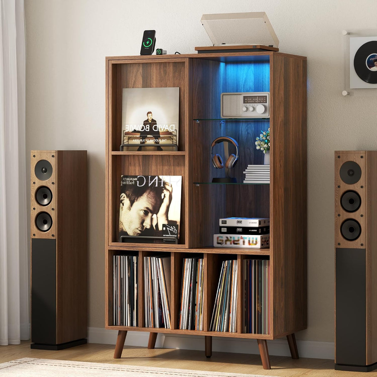 Large Record Player Stand w/Power Outlet & LED Lights, Holds Up 350+ Albums