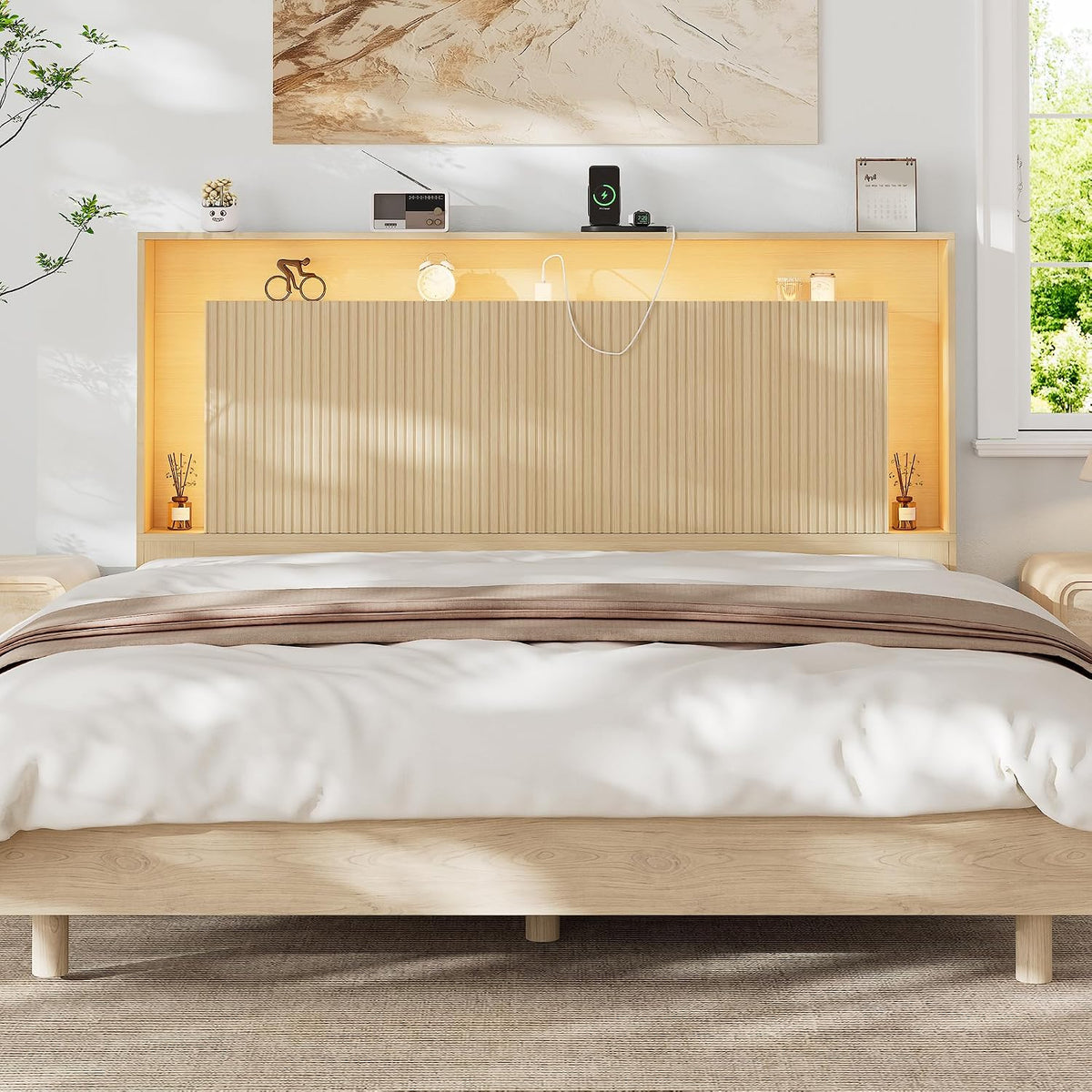 Queen Size Headboard Only w/Storage,Headboard w/Charging Station &LED Light