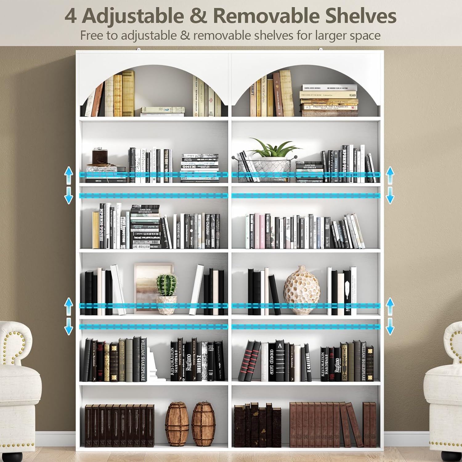 Gyfimoie 70.8’’ Tall Bookshelf and Bookcase, 7-Tier Double Wide Bookcase Modern Large Open Display Shelves with Curved Baffle for Home Office Living Room (White)