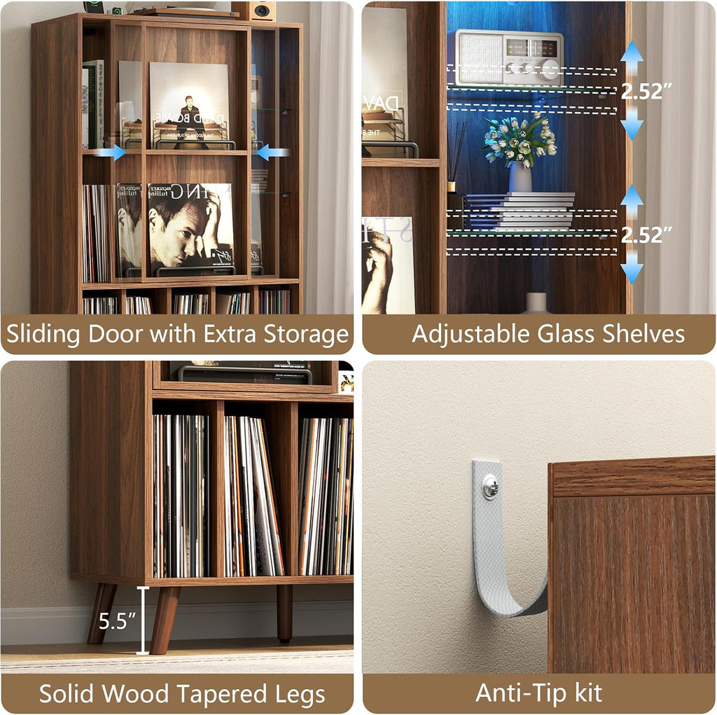 Large Record Player Stand w/Power Outlet & LED Lights, Holds Up 350+ Albums