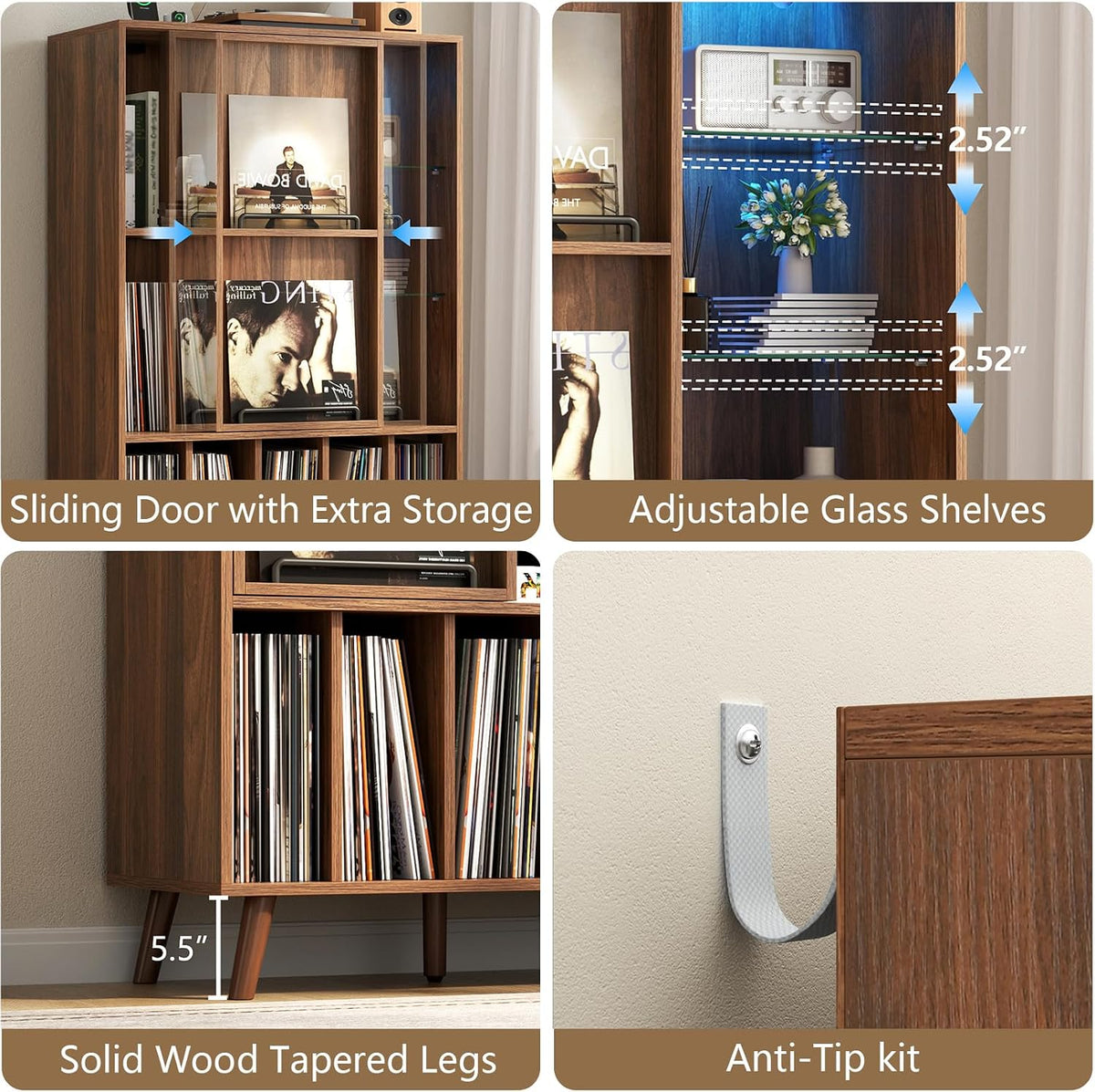 Large Record Player Stand w/Power Outlet & LED Lights, Holds Up 350+ Albums