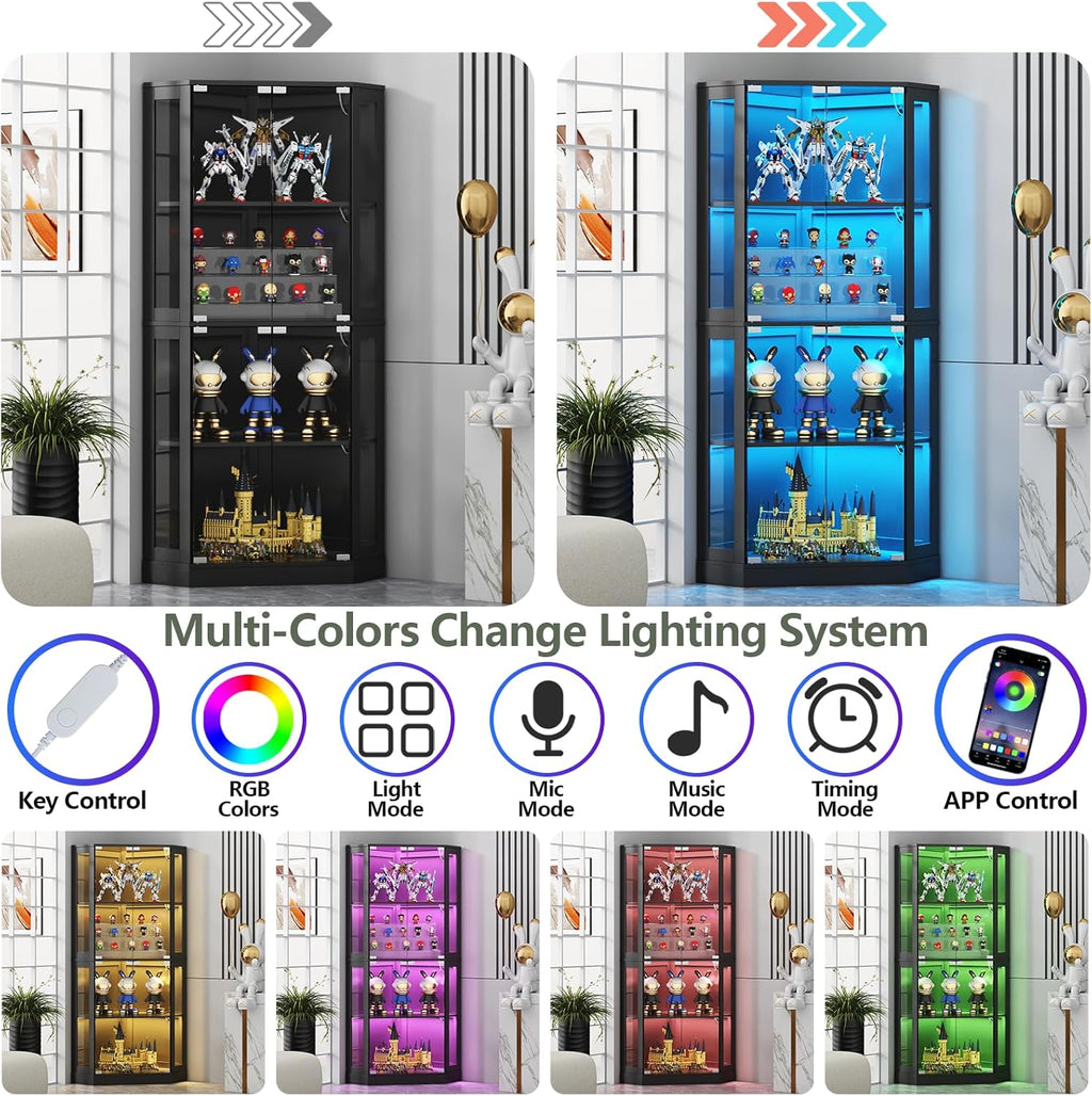 Gyfimoie Corner Wine Bar Cabinet with LED Lights,65" Tall Modern Liquor Cabinet with Tempered Glass Door,4-Tier Home Bar Liquor Storage Cabinet for Home Living Dining Room, Kitchen