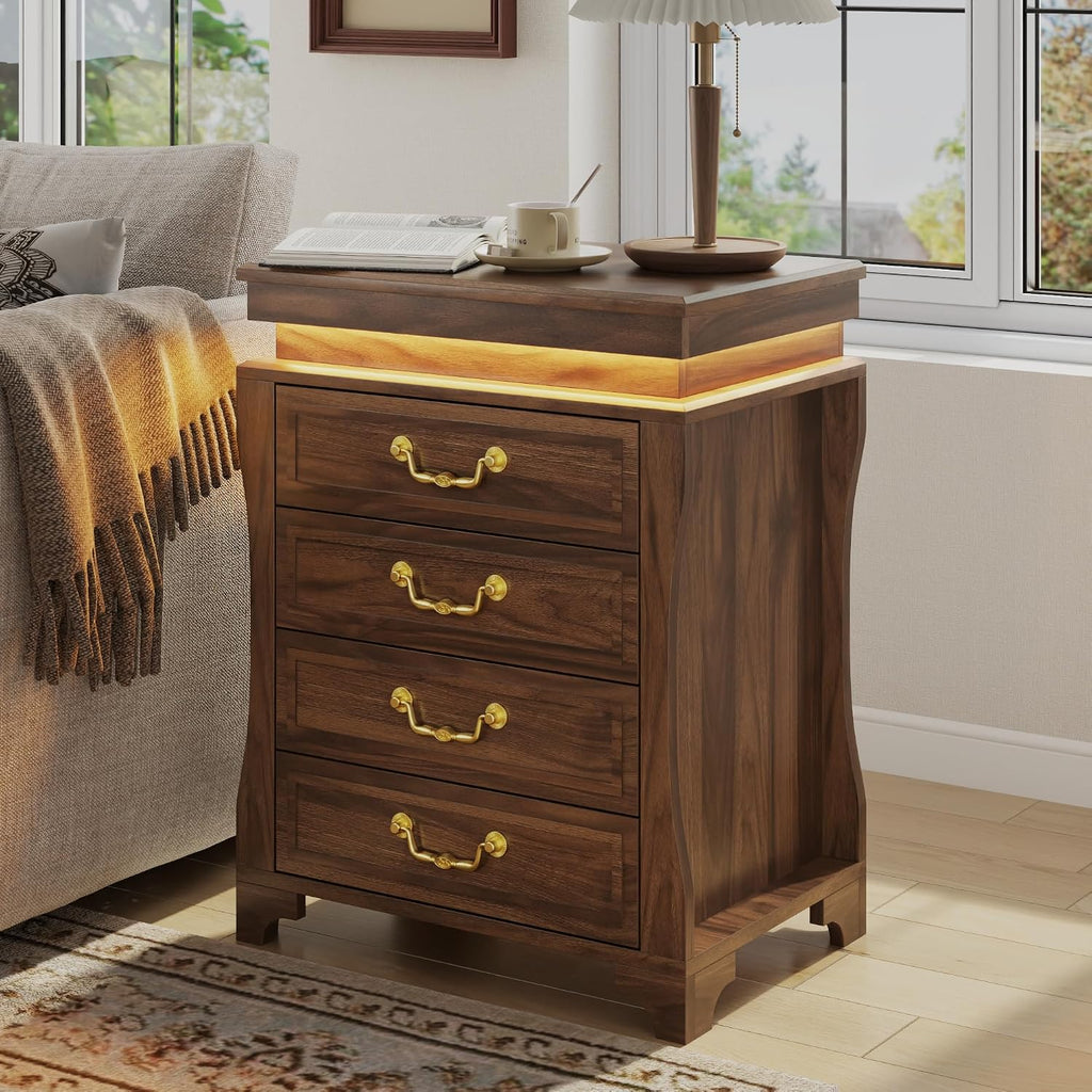 Night Stand with Hidden Gun Drawer, Walnut Bedside Table with Charge Station & LED Lights, Modern End Table with 4 Drawers, Nightstands for Bedroom, Living Room