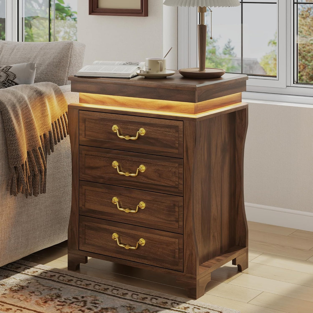 Night Stand with Hidden Gun Drawer, Walnut Bedside Table with Charge Station & LED Lights, Modern End Table with 4 Drawers, Nightstands for Bedroom, Living Room