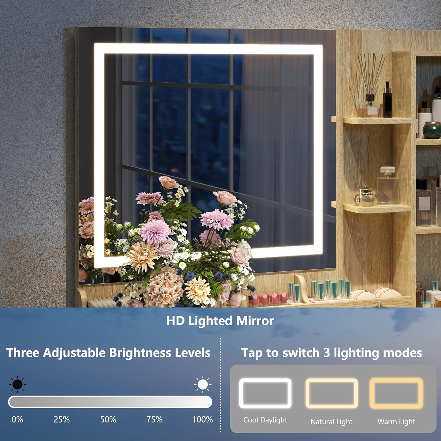 Fluted Vanity Desk with Hidden Storage Stool and Large Mirror,Makeup Vanity Table with 5 Drawers & Charging Station,3 Lighting Modes & Adjustable shelf,Dressing Table for Women Girls Bedroom, Oak