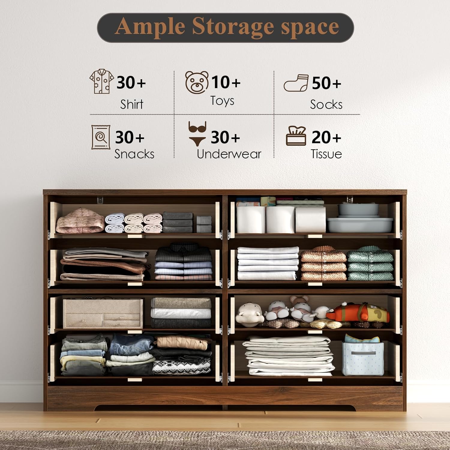 Loomie 8 Drawer Dresser for Bedroom, 47" Wide Chest of Drawers with Anti-Tipping Design, Large Storage Drawers w/Metal Handles, Deep Closet Dresser for Living Room, Entryway, Black-Walnut Color