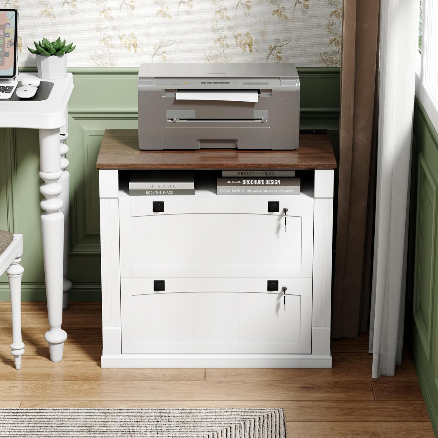 Loomie White 2 Drawer File Cabinet with Lock & Charging Station,37'' Farmhouse Lateral Filing Cabinet with Open Storage Shelves for Home Office,Wood Printer Stand for Files/Letter/Legal/A4/F4 Size