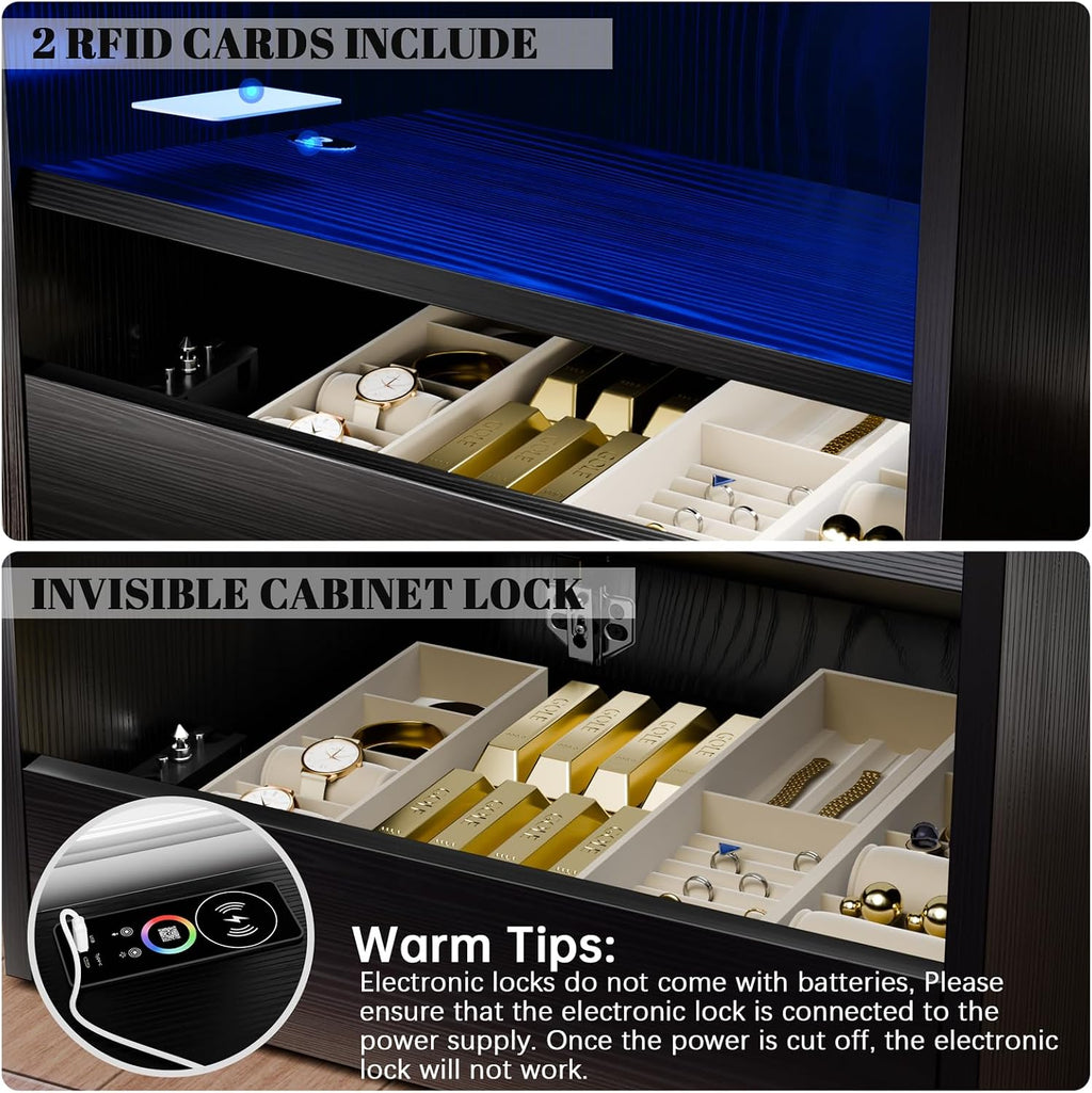 Loomie Black Nightstand with RFID Lock Cabinet & Wireless Charging Station