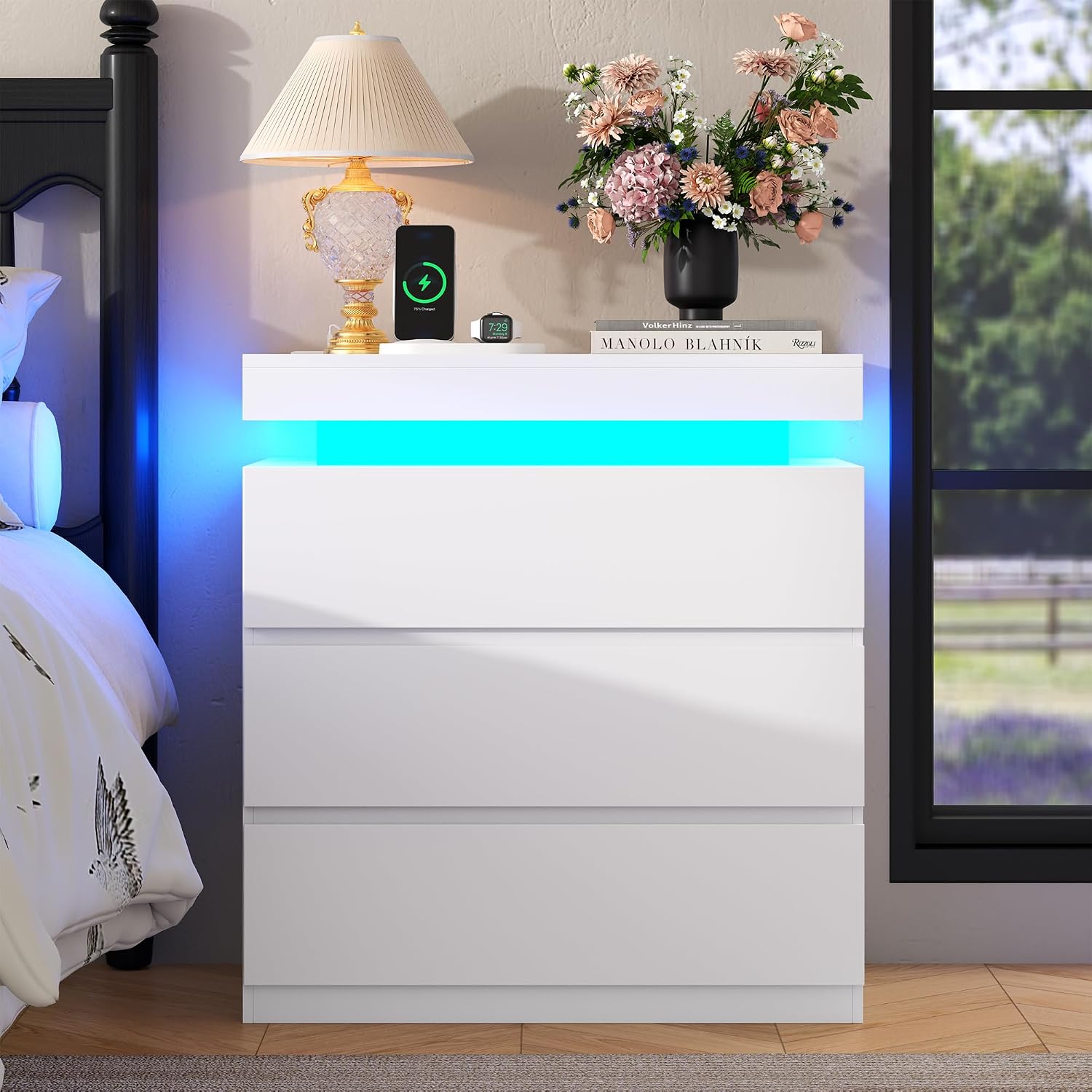 White Nightstand with Charging Station and LED Light, Night Stand with 3 Storage Drawers, Modern Bedside Table for Bedroom, End Side Table for Living Room (White, 1 Piece)