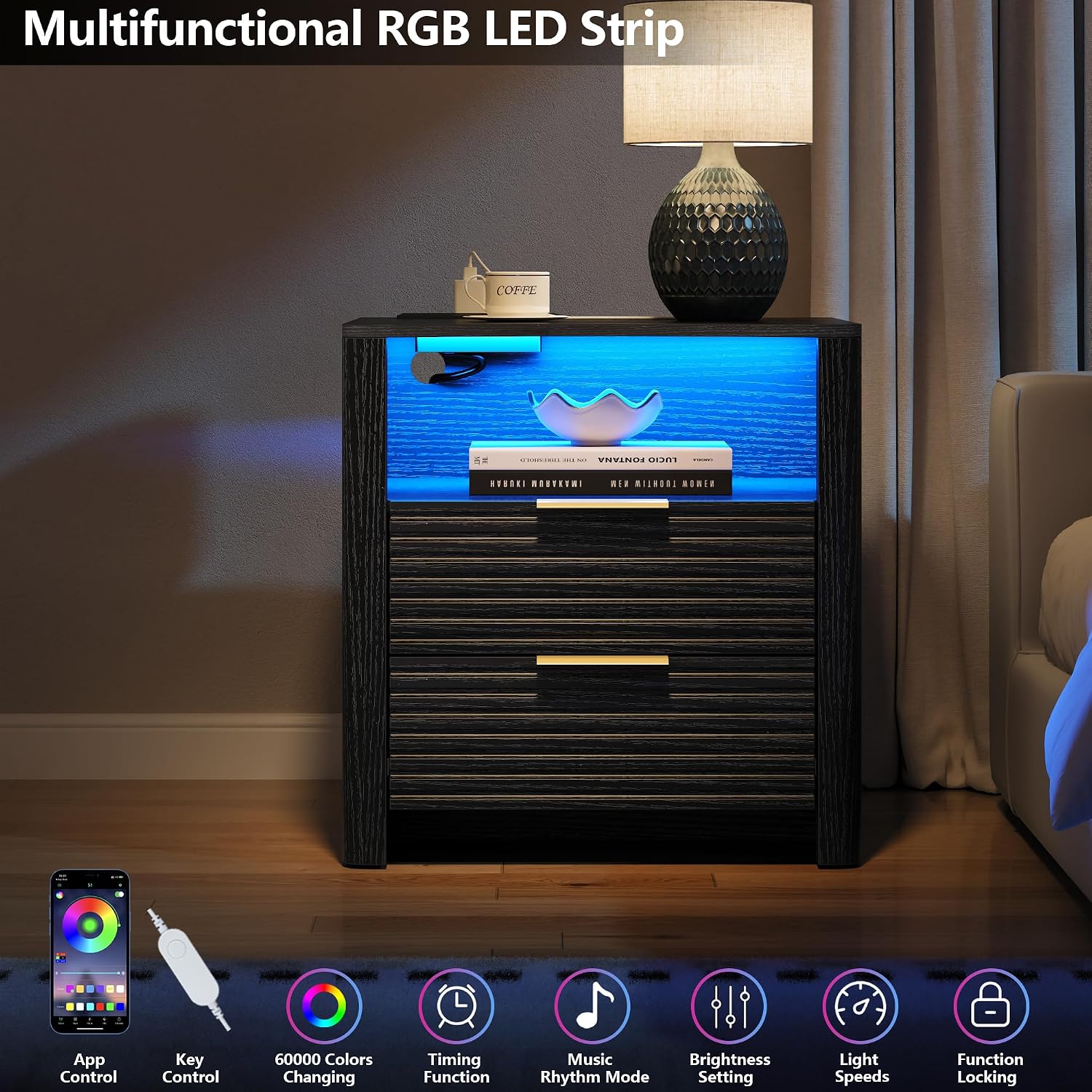 Night Stand with Charge Station Set of 2, Black Nightstand with Led Light, Modern Bedside Table with 2 Drawers and Open Storage Shelf, Fluted End Table for Bedroom, Living Room, Office (2, Black)