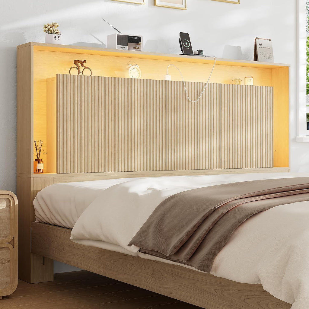 Queen Size Headboard Only w/Storage,Headboard w/Charging Station &LED Light