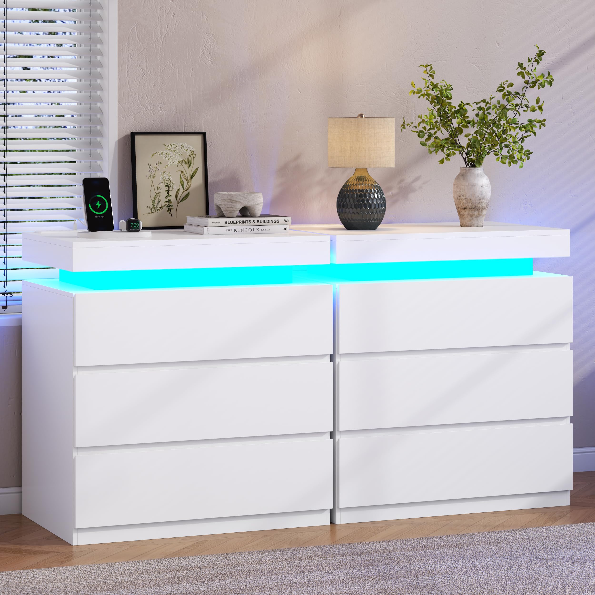 White Nightstand with Charging Station and LED Light, Night Stand with 3 Storage Drawers, Modern Bedside Table for Bedroom, End Side Table for Living Room (White, 1 Piece)