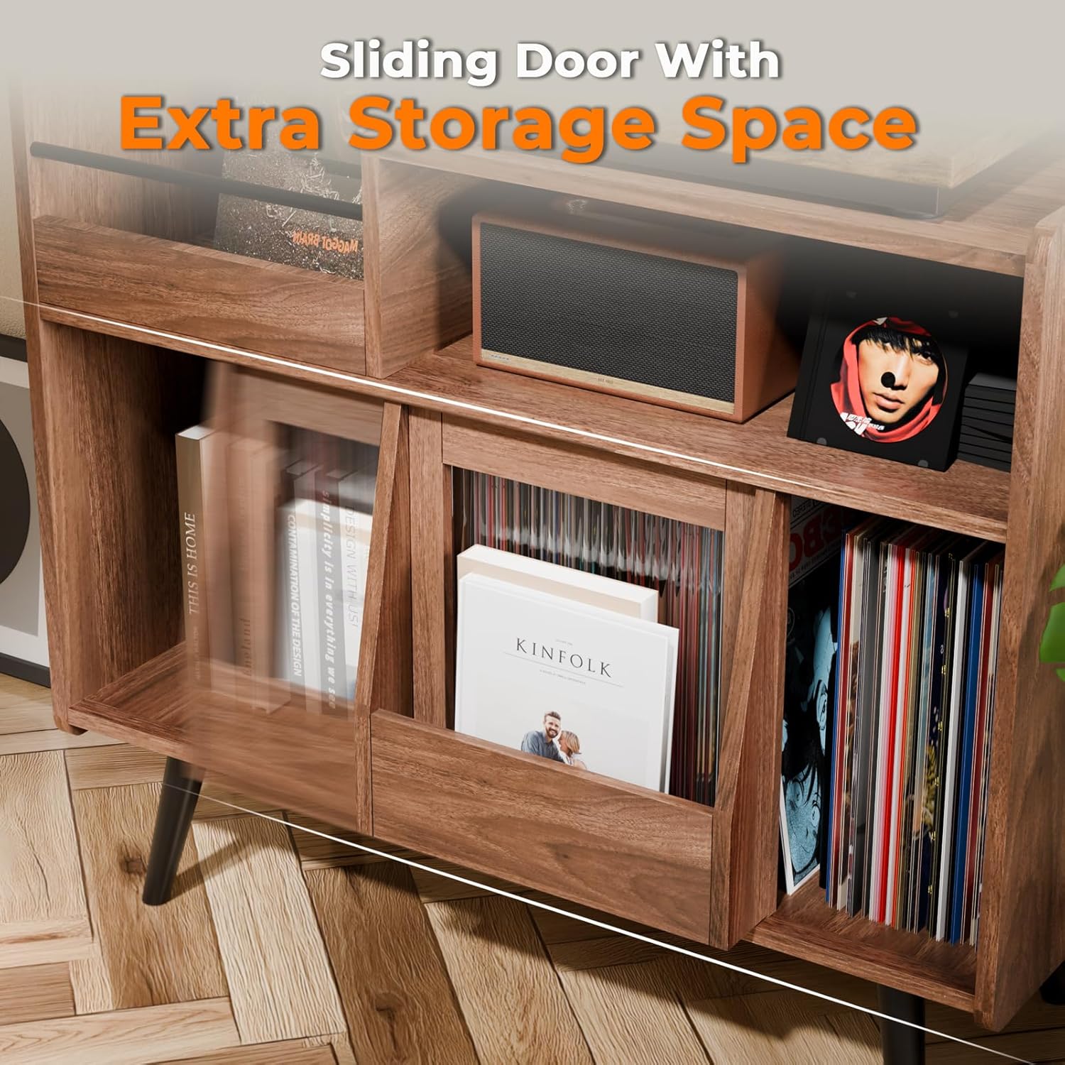 Loomie Upgraded Large Record Player Stand,Turntable Stand Shelf with with Power Outlet and LED Light,Vinyl Record Storage Cabinet Up to 350 Albums, Wood Record Player Holder Table for Living Room