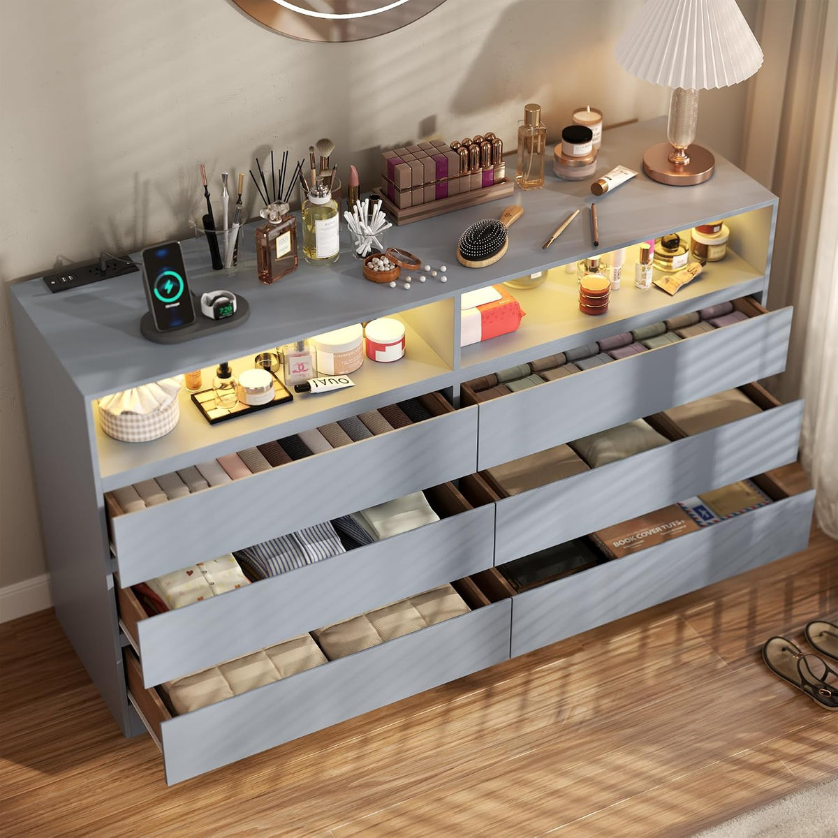 Loomie 6 Grey Drawer Dresser for Bedroom w/Charging Station & LED Lights