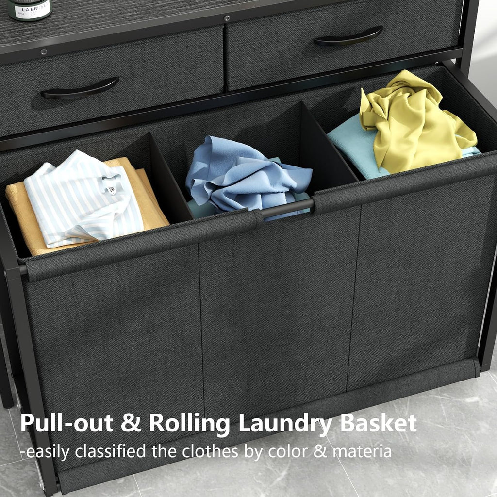 Loomie Laundry Hamper Laundry Basket with 3 Section Pull-Out Rolling Bags, Laundry Sorter for Organization and Storage with 2 Pull-Out Drawers for Laundry Room
