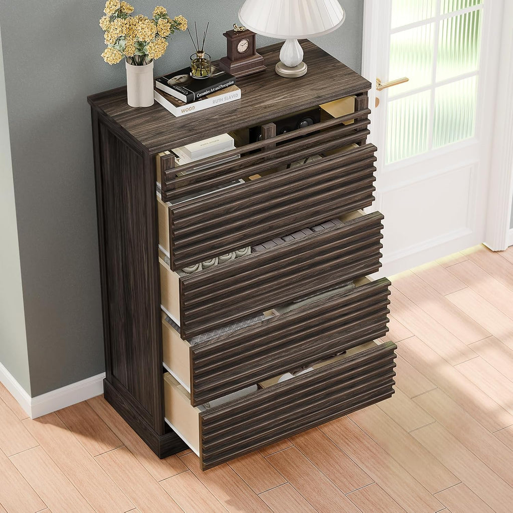 Loomie Farmhouse 5 Drawer Dresser, 46'' Tall Dresser with LED Light, Chest of Drawers with Grille Design & Sturdy Base, Vertical Wood Dresser for Living Room, Apartment, Entryway
