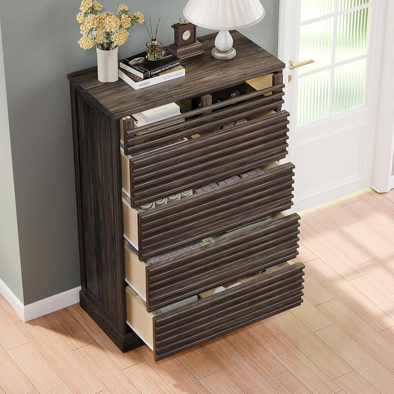 Loomie Farmhouse 5 Drawer Dresser, 46'' Tall Dresser with LED Light, Chest of Drawers with Grille Design & Sturdy Base, Vertical Wood Dresser for Living Room, Apartment, Entryway