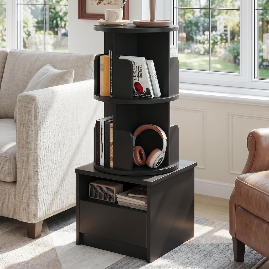 Loomie 39" Tall Nightstand with Drawer, Black Night Stand with 2 Tier Rotating Bookshelf, Bedside Table with Open Storage Shelf, End Side Table for Bedroom
