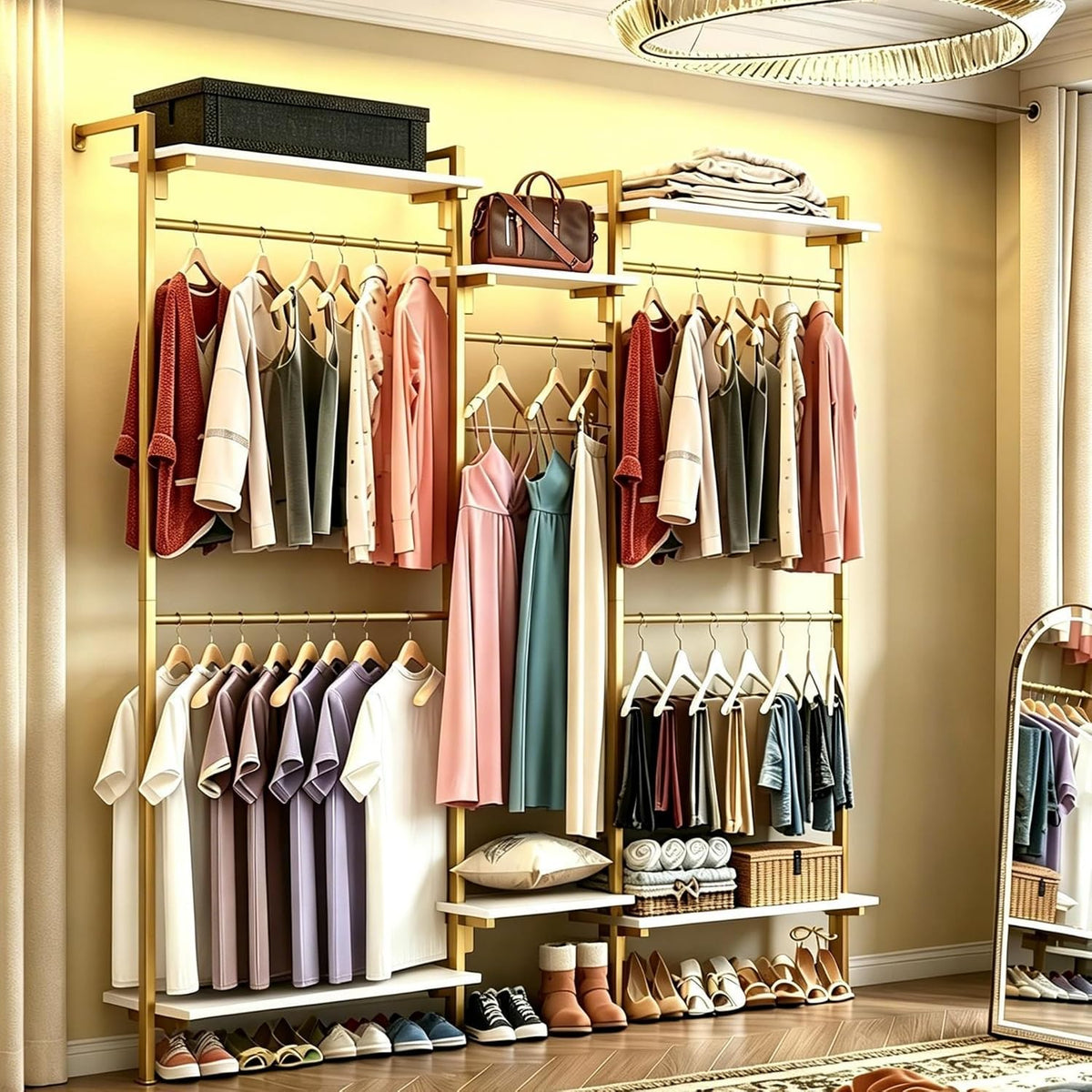 Loomie 79" Wall-Mounted Clothes Rack with Adjustable Shelf, Gold Clothing Rack with 5 Metal Hanging Rods and 6-Tier Shelves, Heavy-Duty Garment Rack Closet Organizer System in Wardrobe Closet