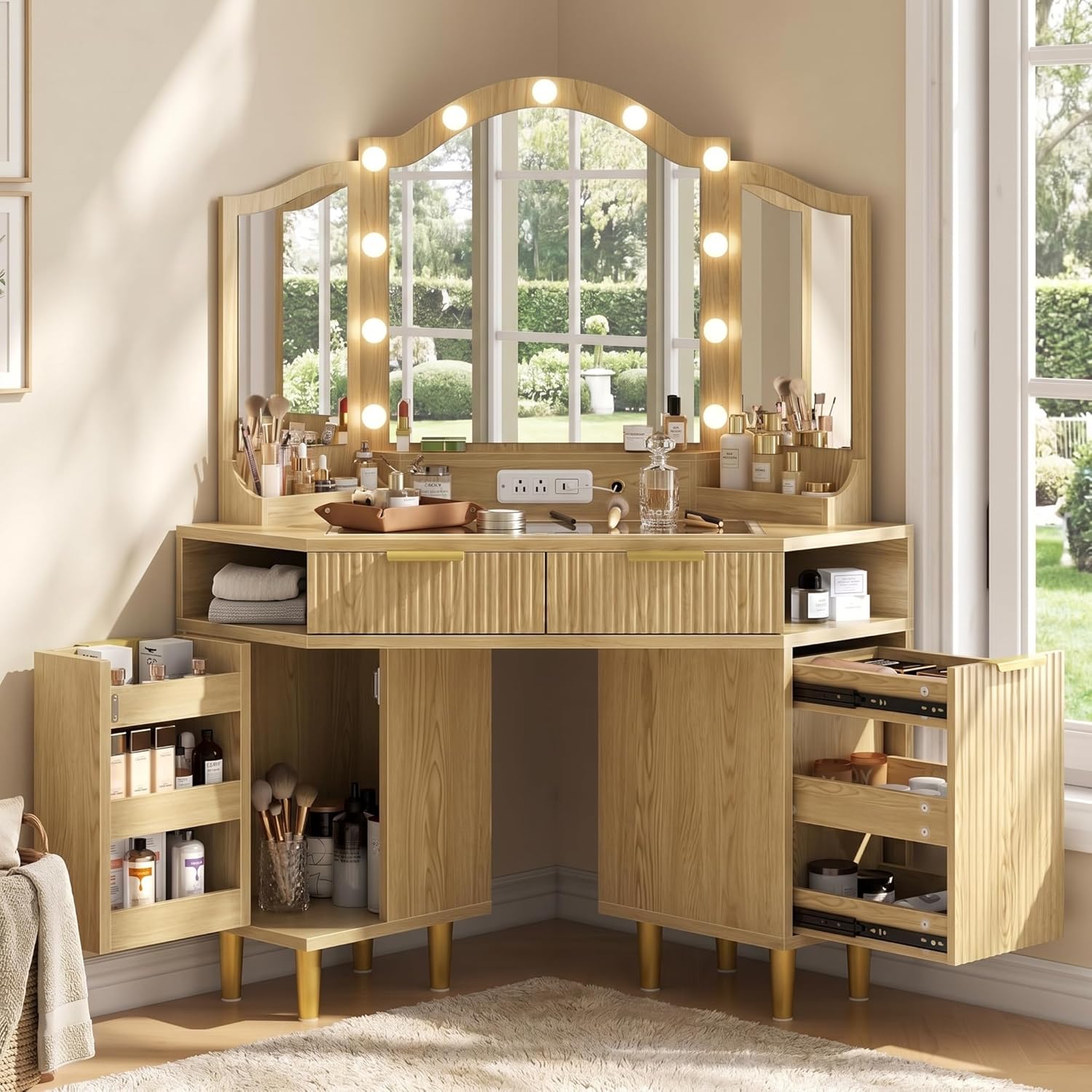 Corner Vanity Desk with 3-Color Dimmable LED Mirror, Heavy-Duty Makeup Vanity w/ Power Outlets & USB Charging, Premium Corner Makeup Table w/ Fluted Drawers & Storage Cabinet for Bedroom, Natural Oak