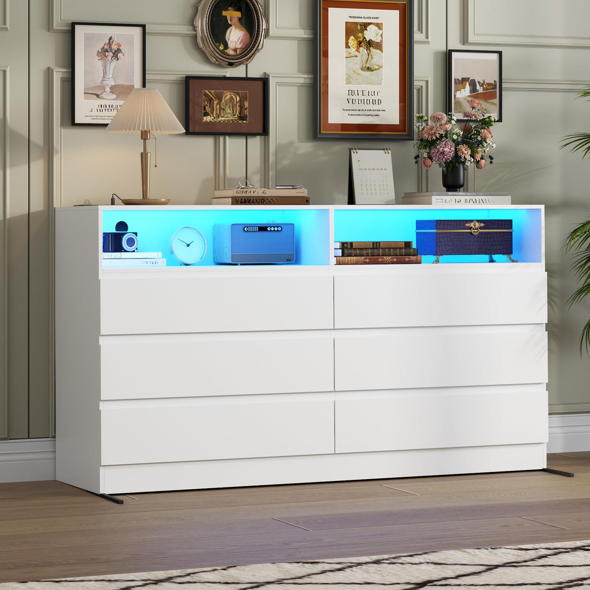 63"Wide 9 Drawer Dresser for Bedroom with LED Lights & Power Outlet