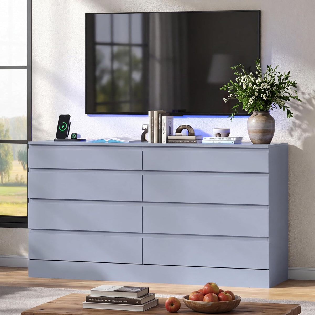 Gyfimioe 8 Drawer Dresser with Power Outlet, White Dresser for Bedroom Chest of Drawer with Glass Top & LED Light, Modern Double Wide Drawer Organizer Cabinet for Living Room (Grey)