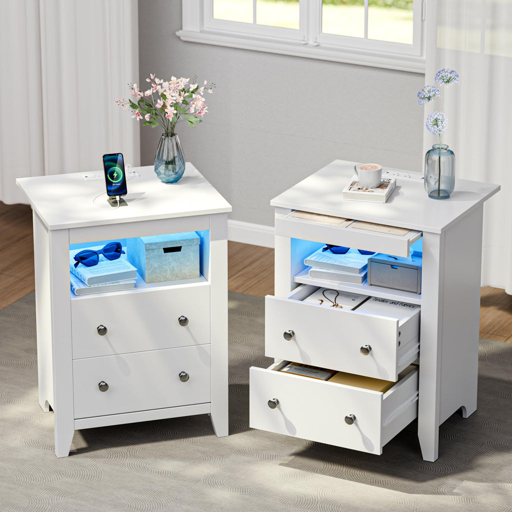 Nightstand w/Gun Drawer, Black Night Stand w/Charging Station & LED Lights