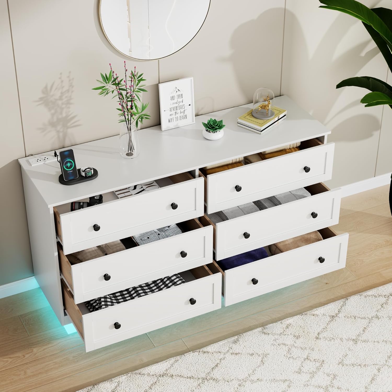 Loomie 6 Drawer Dresser, Modern Drawer Chests with Power Outlet and Led Light, Wide Chest of Drawers for Storage and Organization, White Dresser for Bedroom, Living Room, Closets, Entryway