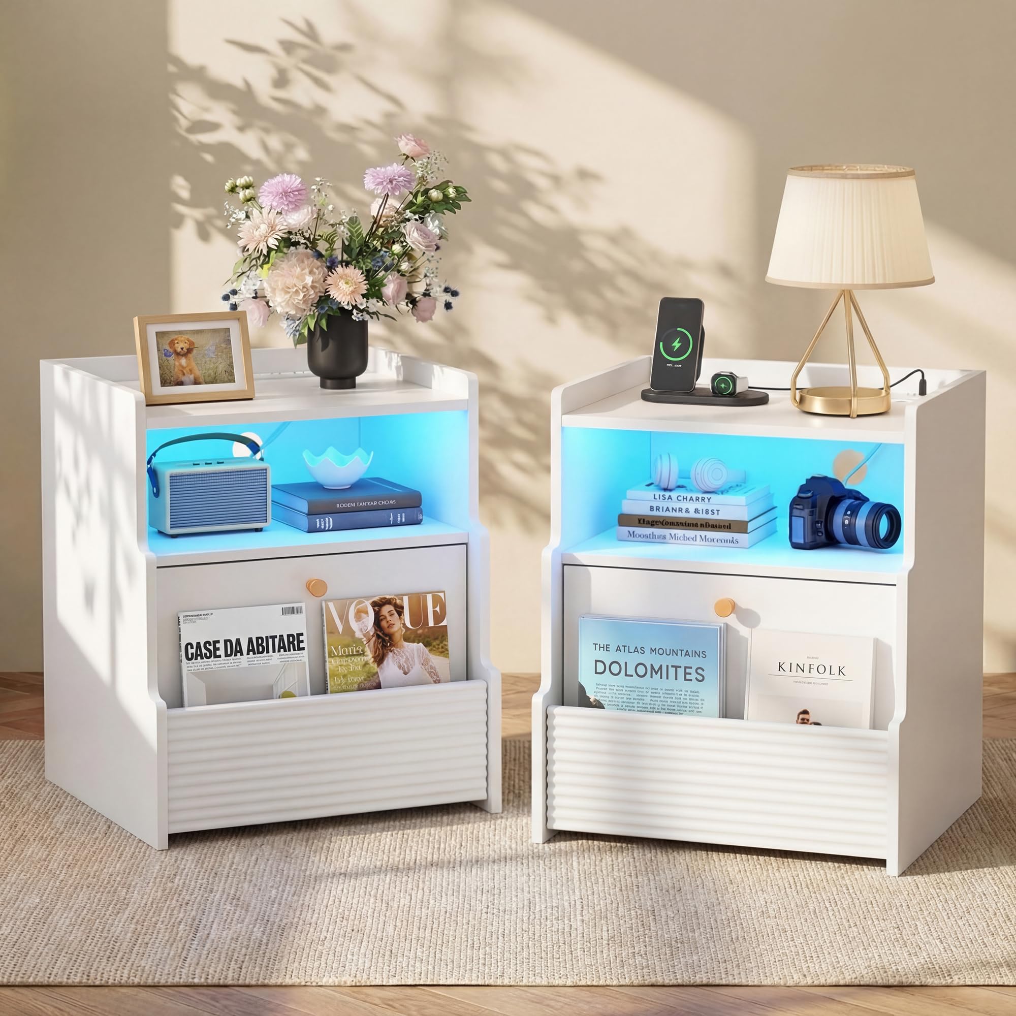 Fluted Nightstand with Charging Station, Modern Bedside Table with LED Lights & Drawers, End Table with Open Compartment for Bedroom, White