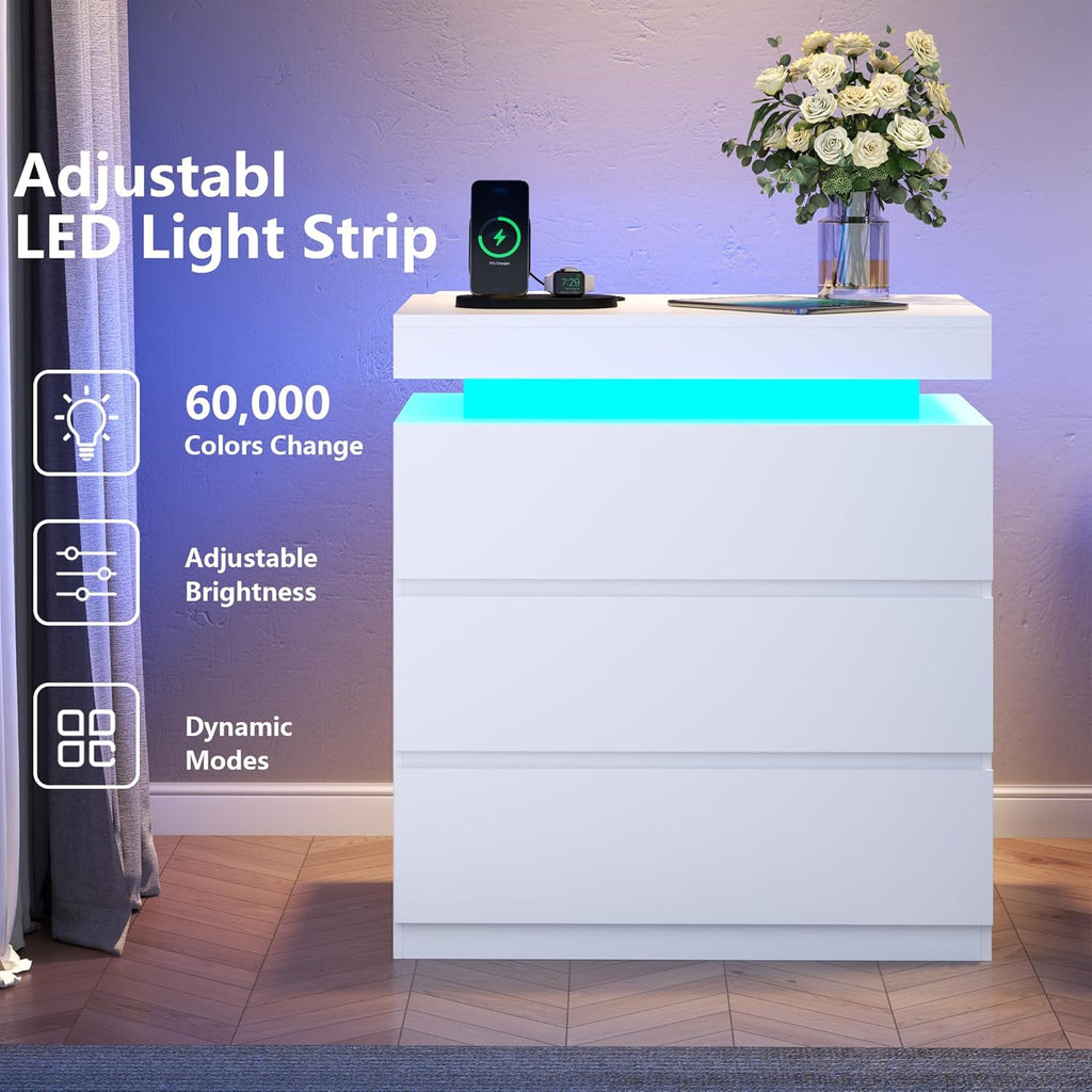 White Nightstand with Charging Station and LED Light, Night Stand with 3 Storage Drawers, Modern Bedside Table for Bedroom, End Side Table for Living Room (White, 1 Piece)