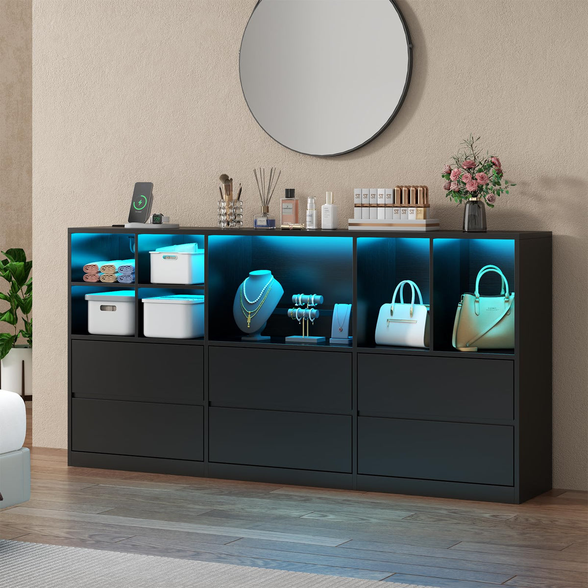 Grey Dresser for Bedroom, 63” Chest of Drawers with Charging Station