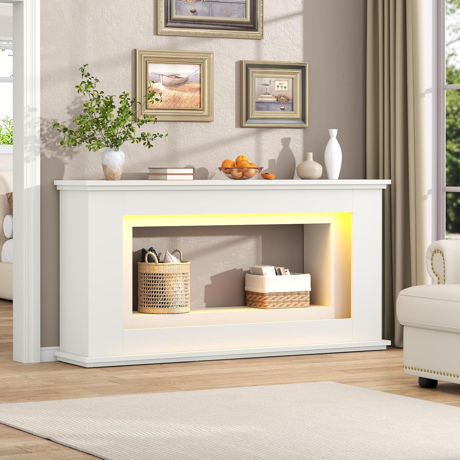 Loomie 63” Long Console Tables for Entryway, Narrow Long Entry Table with LED Lights, 2-Tier Sofa Table Behind Couch, Modern Hallway Accent Table for Living Room, Entrance (White)