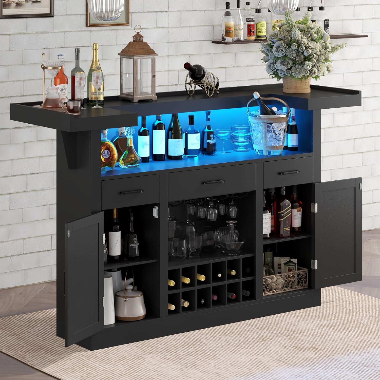 Loomie Bar Table Cabinet with LED & 3 Drawers,Liquor Bar with Adjustable Storage Shelves & Stemware Holders, Crescent Shaped Counter for Home Pub, Wine Alcohol Bar Stand with Door & Wine Rack (Black)