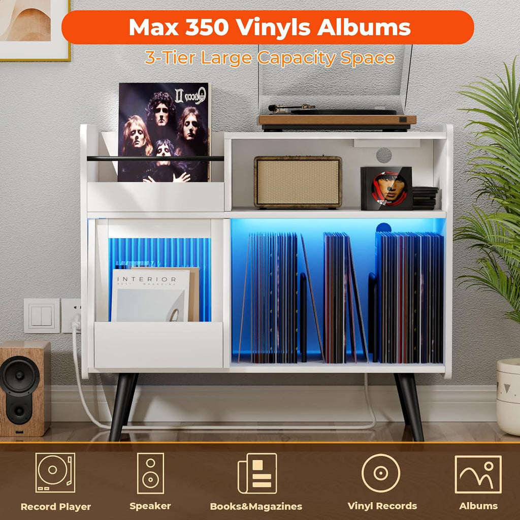 Large Record Player Stand -Turntable Stand Shelf w/Power Outlet & LED Light