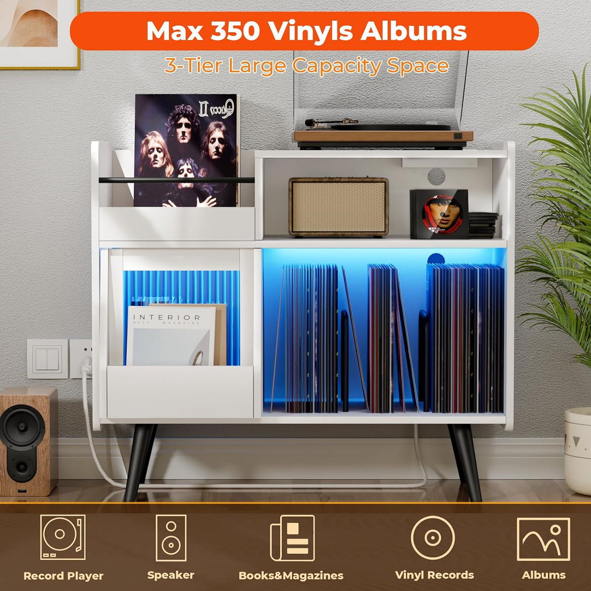 Large Record Player Stand -Turntable Stand Shelf w/Power Outlet & LED Light