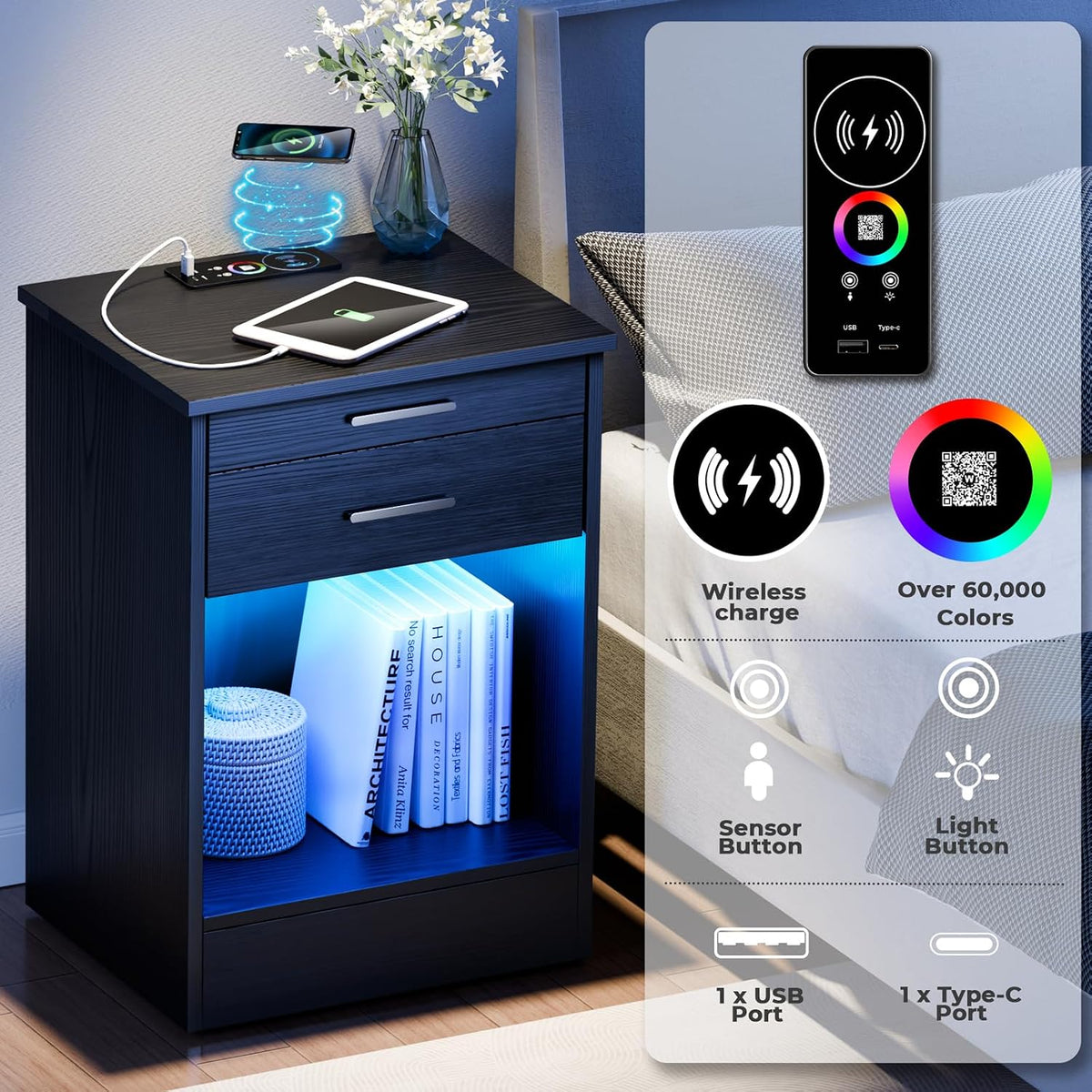 Loomie Black Nightstand with RFID Lock Cabinet & Wireless Charging Station