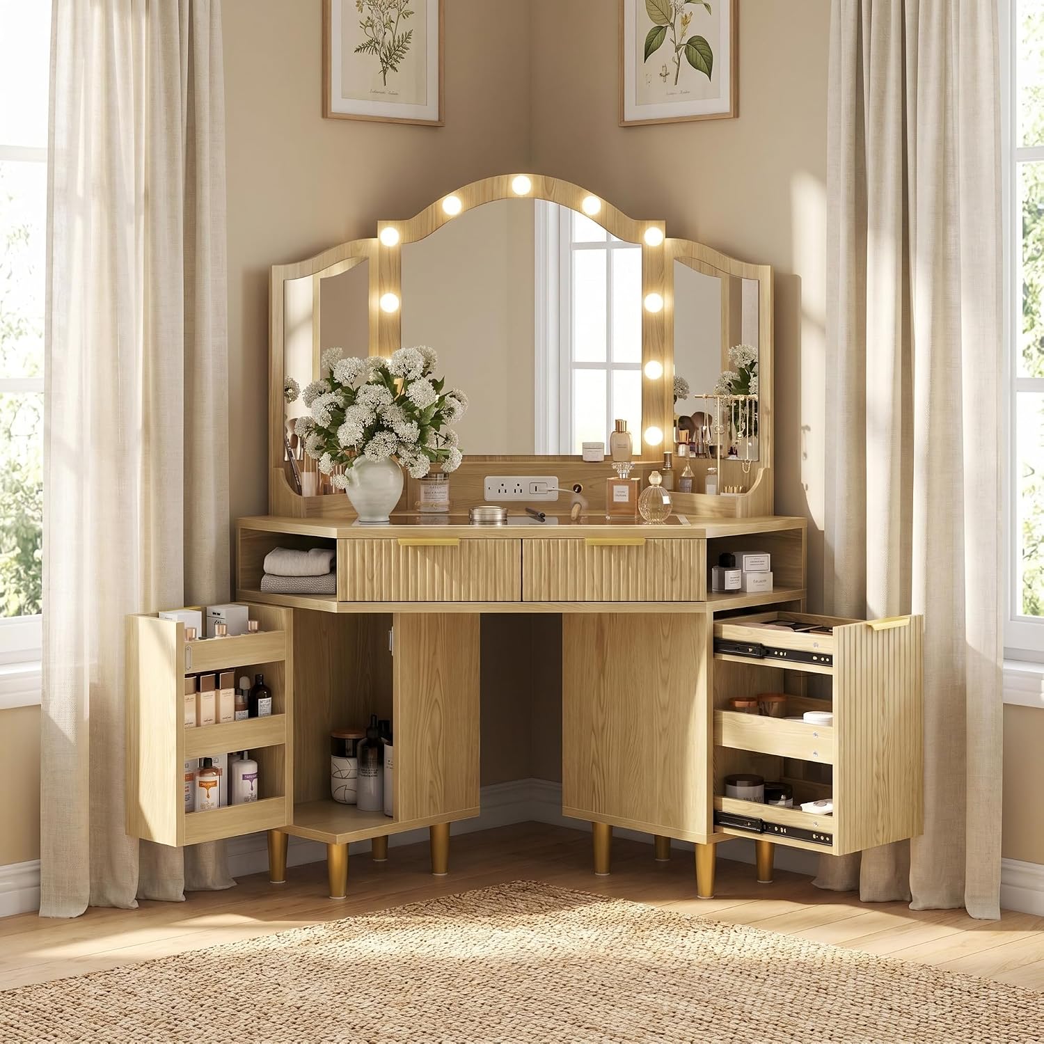 Corner Vanity Desk with 3-Color Dimmable LED Mirror, Heavy-Duty Makeup Vanity w/ Power Outlets & USB Charging, Premium Corner Makeup Table w/ Fluted Drawers & Storage Cabinet for Bedroom, Natural Oak
