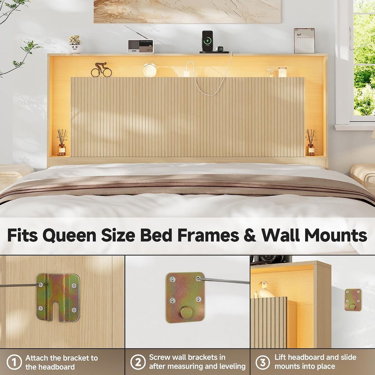 Queen Size Headboard Only w/Storage,Headboard w/Charging Station &LED Light