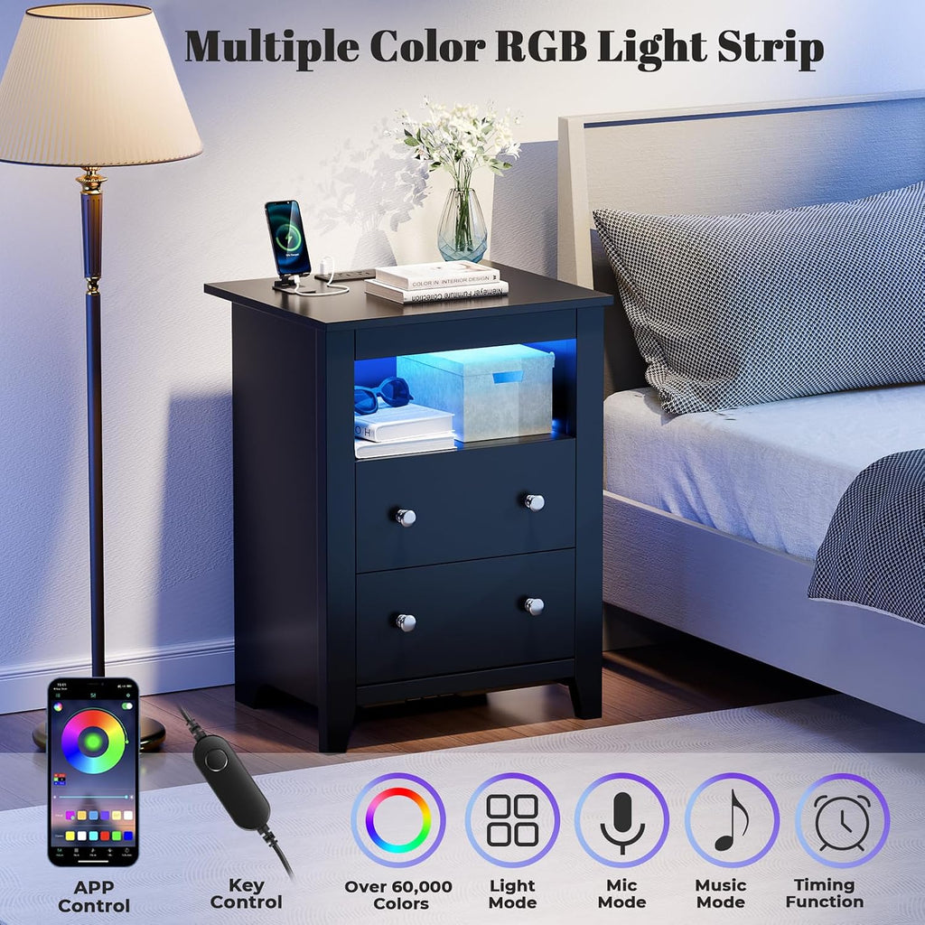 Nightstand w/Gun Drawer, Black Night Stand w/Charging Station & LED Lights