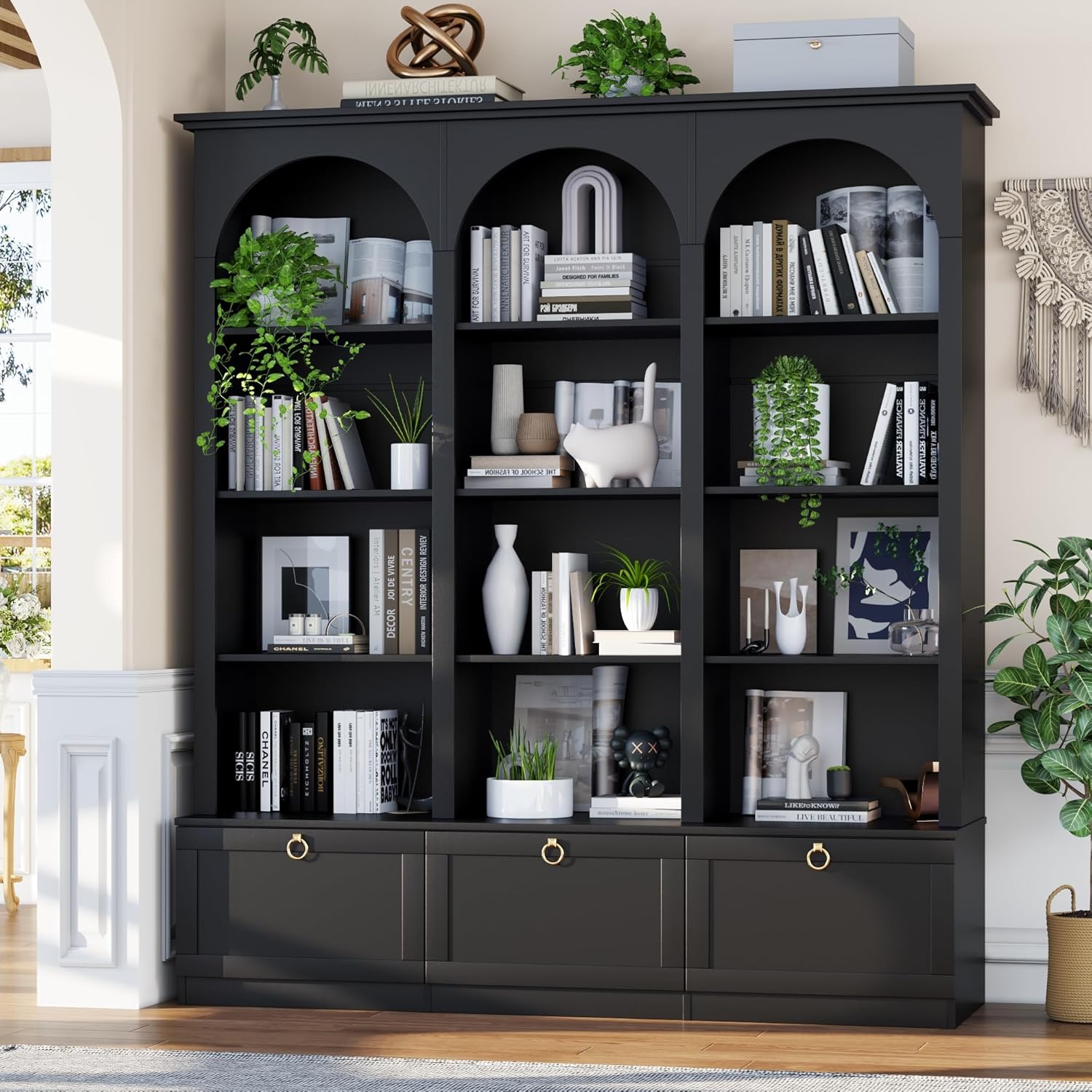 71" Triple Bookshelf with Doors, 5 Tier Tall Bookshelf with Cabinet , Large Book Shelf w/ 12 Adjustable Open Display Shelves & Anti-Tipping, 63" Wide Arched Bookcase for Living Room, Study, Black