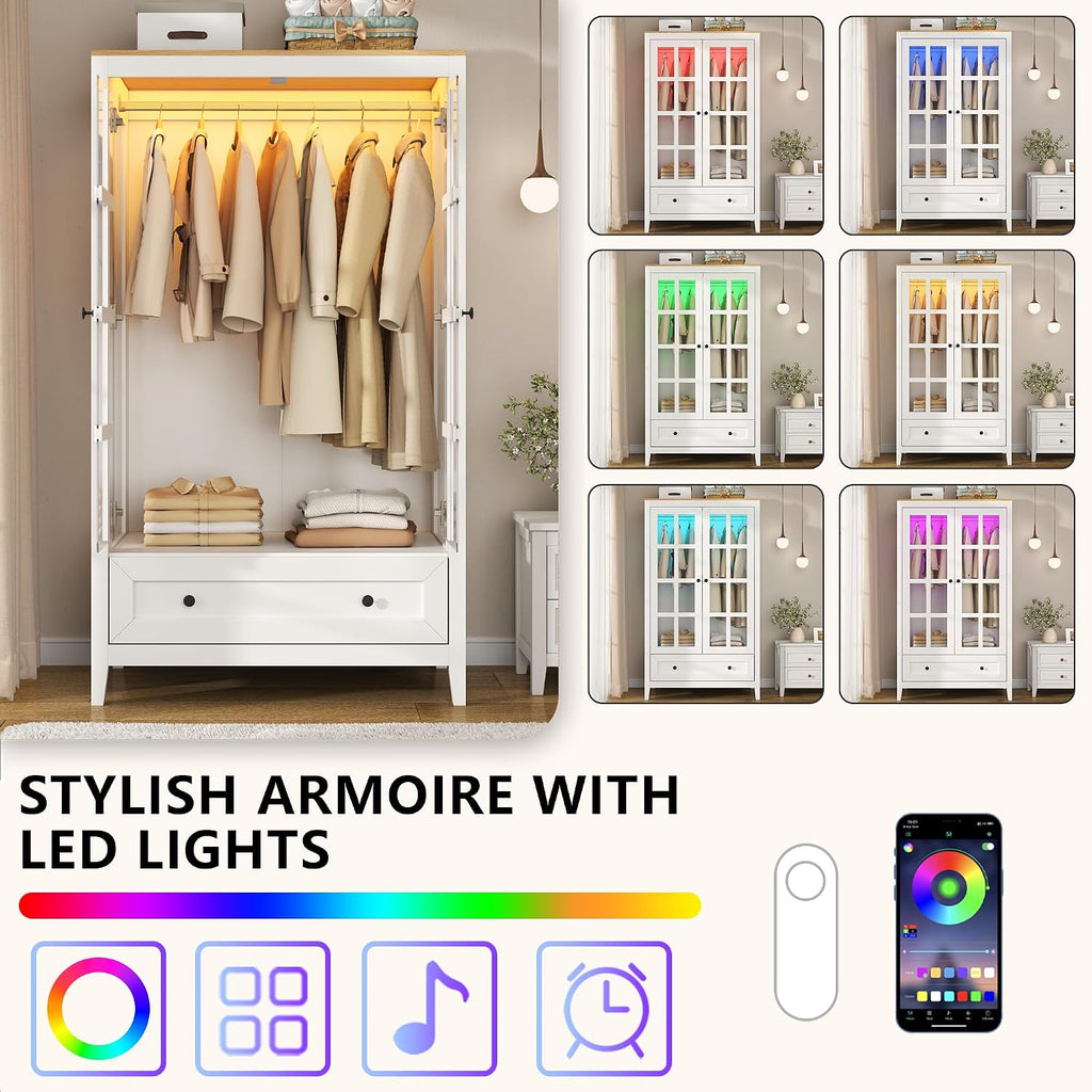 LED Armoire Wardrobe Closet with Glass Doors & Drawer, 55" Bedroom Armoire