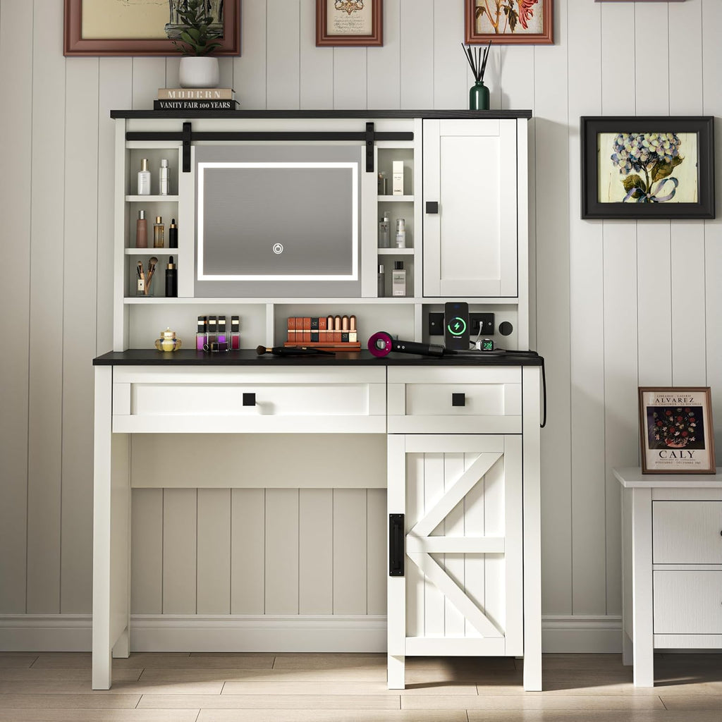 Loomie Farmhouse Vanity Desk with Sliding Mirror & Lights, Makeup Vanity Table with Power Outlet, 2 Drawers, 2 Cabinets & 2 Cubbies, Dressing Table with 3 Color Lighting Modes for Bedroom (White)